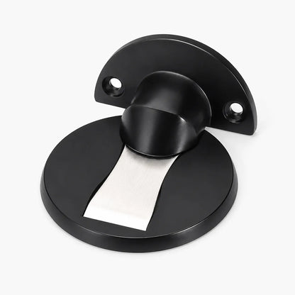 A black metal door stopper with a circular base, a central cylindrical post, and a semi-circular mounting bracket with two screw holes, shown on a light gray background.