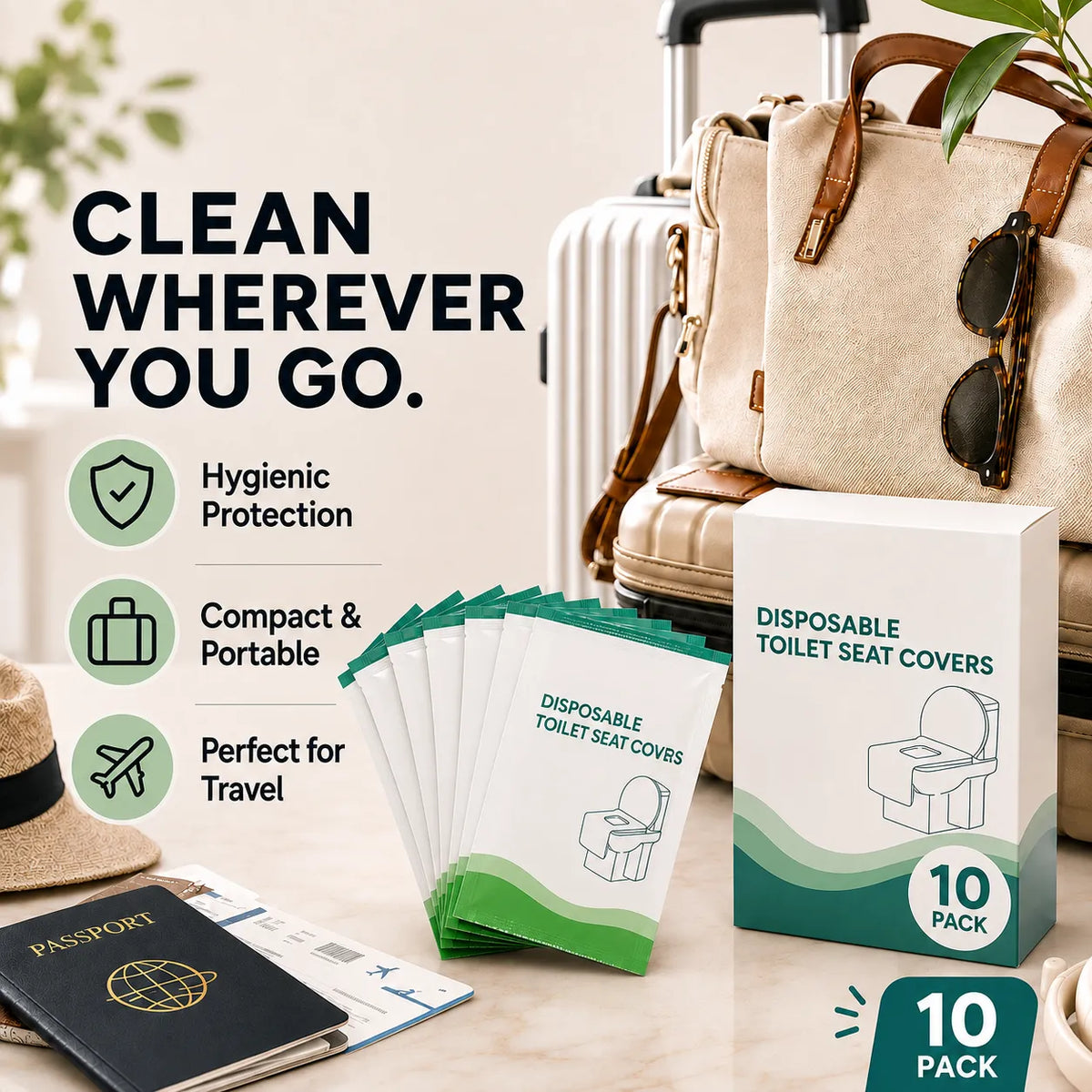 A 10-pack of disposable toilet seat covers shown with their retail box, fanned out individually, and surrounded by travel-themed props including a suitcase, tote bag, sunglasses, hat, passport, and boarding pass. Large marketing text reads 'CLEAN WHEREVER YOU GO.