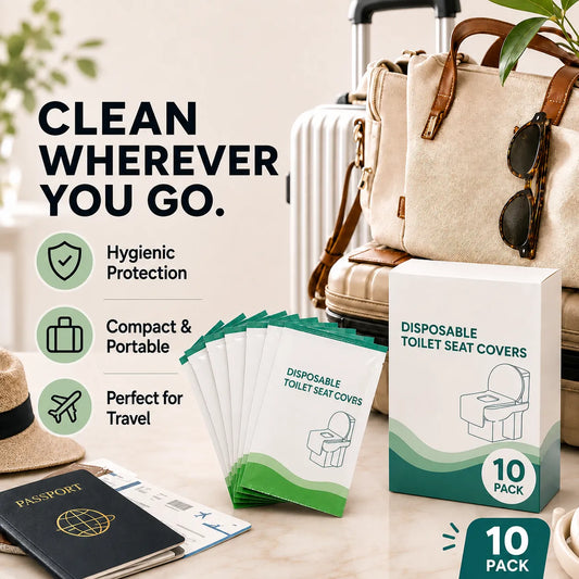 A 10-pack of disposable toilet seat covers shown with their retail box, fanned out individually, and surrounded by travel-themed props including a suitcase, tote bag, sunglasses, hat, passport, and boarding pass. Large marketing text reads 'CLEAN WHEREVER YOU GO.