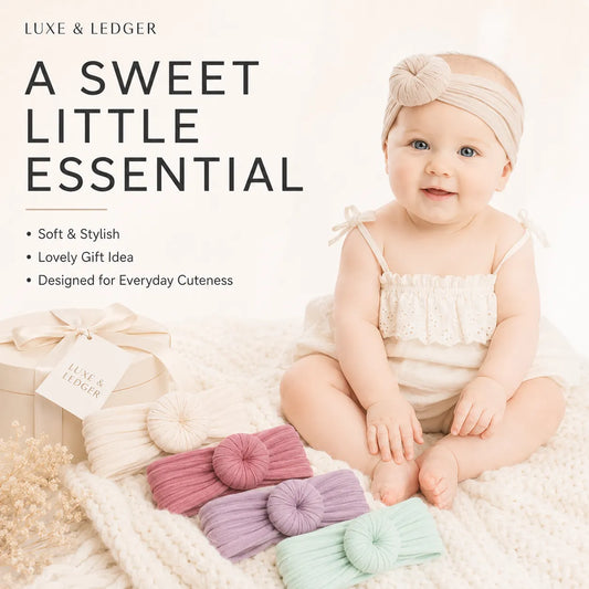 A baby wearing a cream lace romper and matching headband sits on a white knit blanket with three knotted fabric headbands in pink, lavender, and mint, plus a gift box. Large text reads 'LUXE & LEDGER' and 'A SWEET LITTLE ESSENTIAL'.