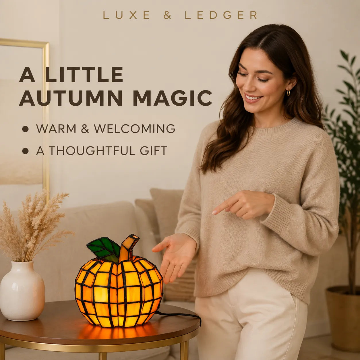 A woman in a beige sweater and white pants stands beside a glowing stained-glass pumpkin lamp on a round wooden table in a cozy living room. Text on the image reads 'LUXE & LEDGER' and 'A LITTLE AUTUMN MAGIC' with bullet points describing the lamp as warm, welcoming, and thoughtful for a gift.