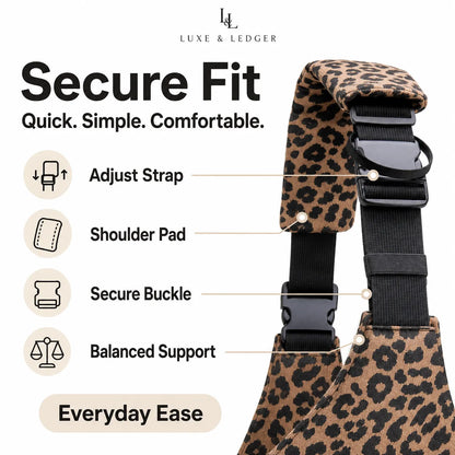 A dog harness with a leopard print pattern and black adjustable straps, shown with feature callouts and text on a white background. The text highlights features like adjustable strap, shoulder pad, secure buckle, and balanced support, with the brand name Luxe & Ledger at the top.