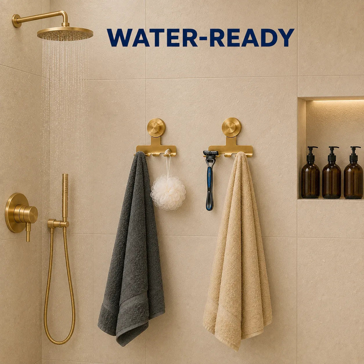 Gold wall-mounted shower accessories shown in a beige tiled bathroom setting, including two towel hooks holding a dark gray towel and a beige towel, a white loofah, and a black razor, with a gold shower head and handheld hose on the left and the text 'WATER-READY' at the top.