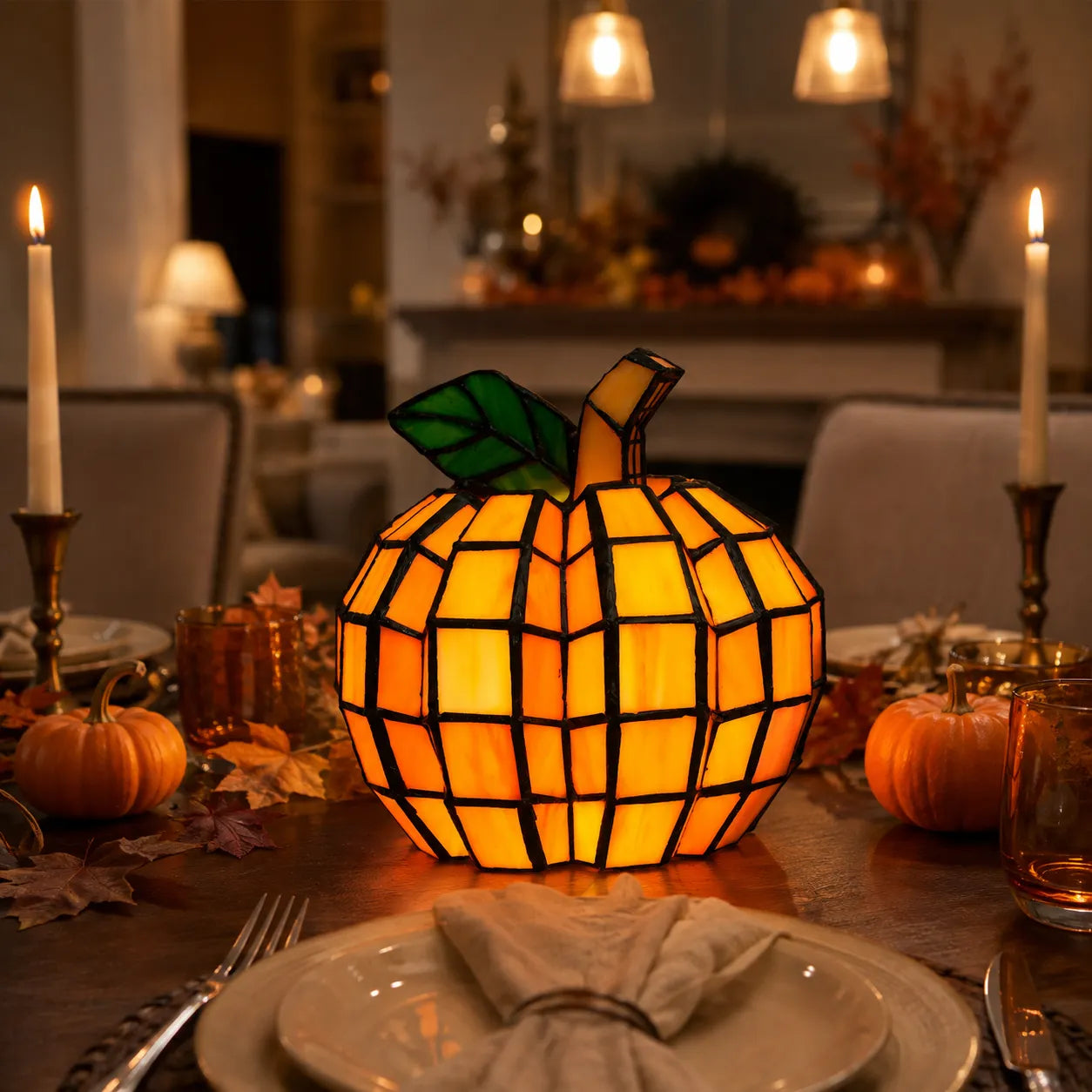 A stained-glass pumpkin table lamp glowing with warm orange and yellow light, set on a decorated dining table with candles, pumpkins, and autumn leaves in a cozy indoor setting.