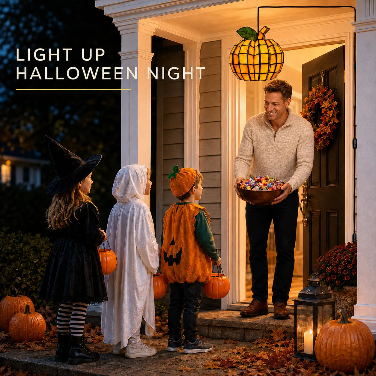 A man in a beige sweater stands on a front porch at dusk, holding a bowl of candy while three children in Halloween costumes stand on the steps. The porch is decorated with pumpkins, a wreath, a hanging pumpkin-shaped light, and a lantern.