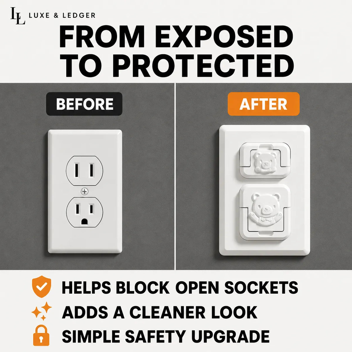 Before-and-after comparison graphic showing a white wall outlet on a dark gray background. The left side labeled BEFORE shows an exposed outlet, and the right side labeled AFTER shows two white baby safety plugs inserted.