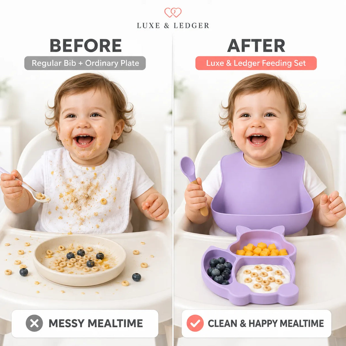 A side-by-side comparison showing a baby in a high chair with messy cereal on the left ('Before') and neatly fed with a purple bib and matching compartment plate on the right ('After'). The top of the image shows the brand name 'LUXE & LEDGER'.