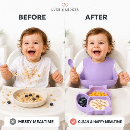 A side-by-side before/after comparison showing a baby in a white high chair. On the left, the baby is messy with cereal and blueberries on the clothing and tray.