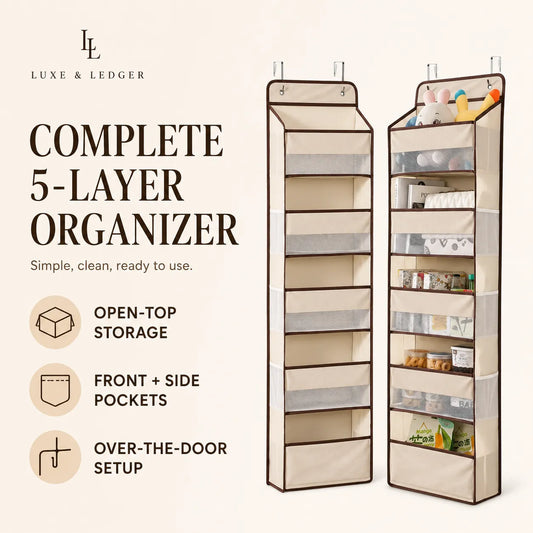 Luxe & Ledger complete 5-layer hanging organizer shown in two views on a warm beige background, with text highlighting open-top storage, front and side pockets, and over-the-door setup.