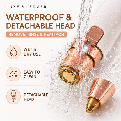 A waterproof shower head with a detachable rose gold and gold nozzle, shown under running water with the nozzle removed and placed beside it. Text on the left highlights waterproof, detachable head, wet and dry use, easy to clean, and detachable head features.