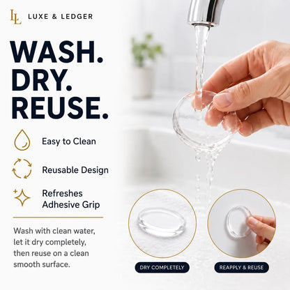 A reusable adhesive cup shown being rinsed under running water from a faucet, with a hand holding the clear cup. Text on the left reads 'WASH.