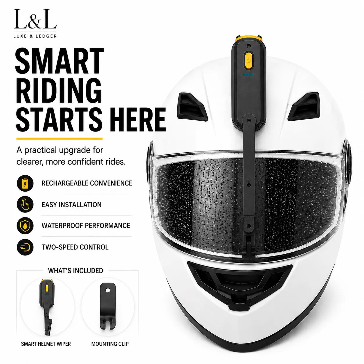 White full-face motorcycle helmet with a black smart helmet wiper mounted on top, shown on a white background with promotional text and included accessories.