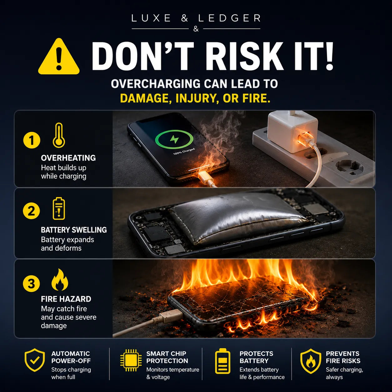 An infographic titled 'DON'T RISK IT!' by Luxe & Ledger explains the dangers of overcharging a smartphone. It features three numbered sections with images: a phone overheating, a swollen battery, and a phone on fire.