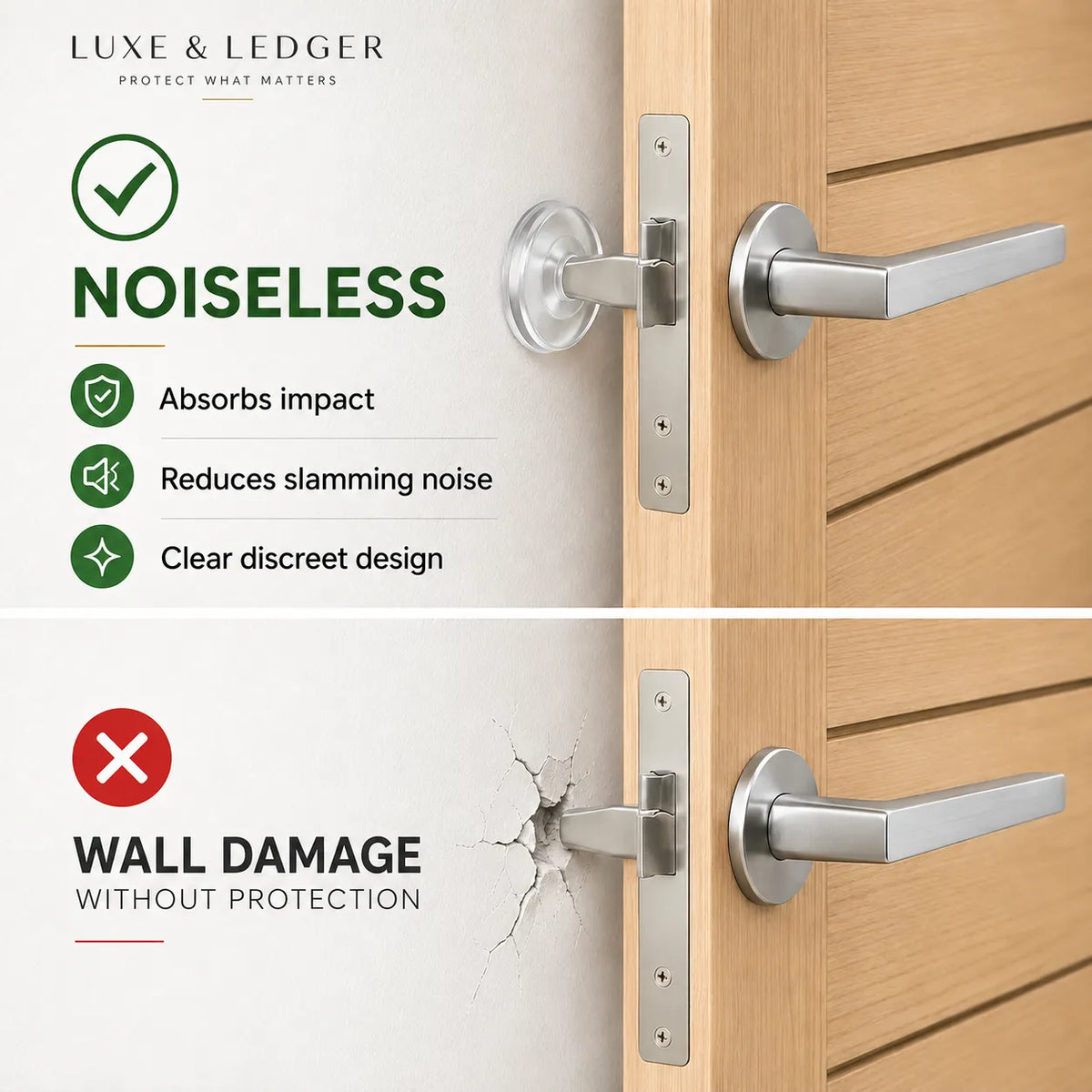 A split promotional graphic showing a silver metal door handle and latch mounted on a light wood door. The top half is labeled 'NOISELESS' with green check icons for absorbing impact, reducing slamming noise, and clear discreet design.