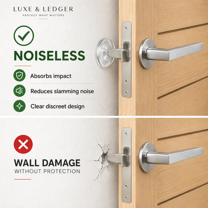 A split promotional graphic showing a silver metal door handle and latch mounted on a light wood door. The top half is labeled 'NOISELESS' with green check icons for absorbing impact, reducing slamming noise, and clear discreet design.