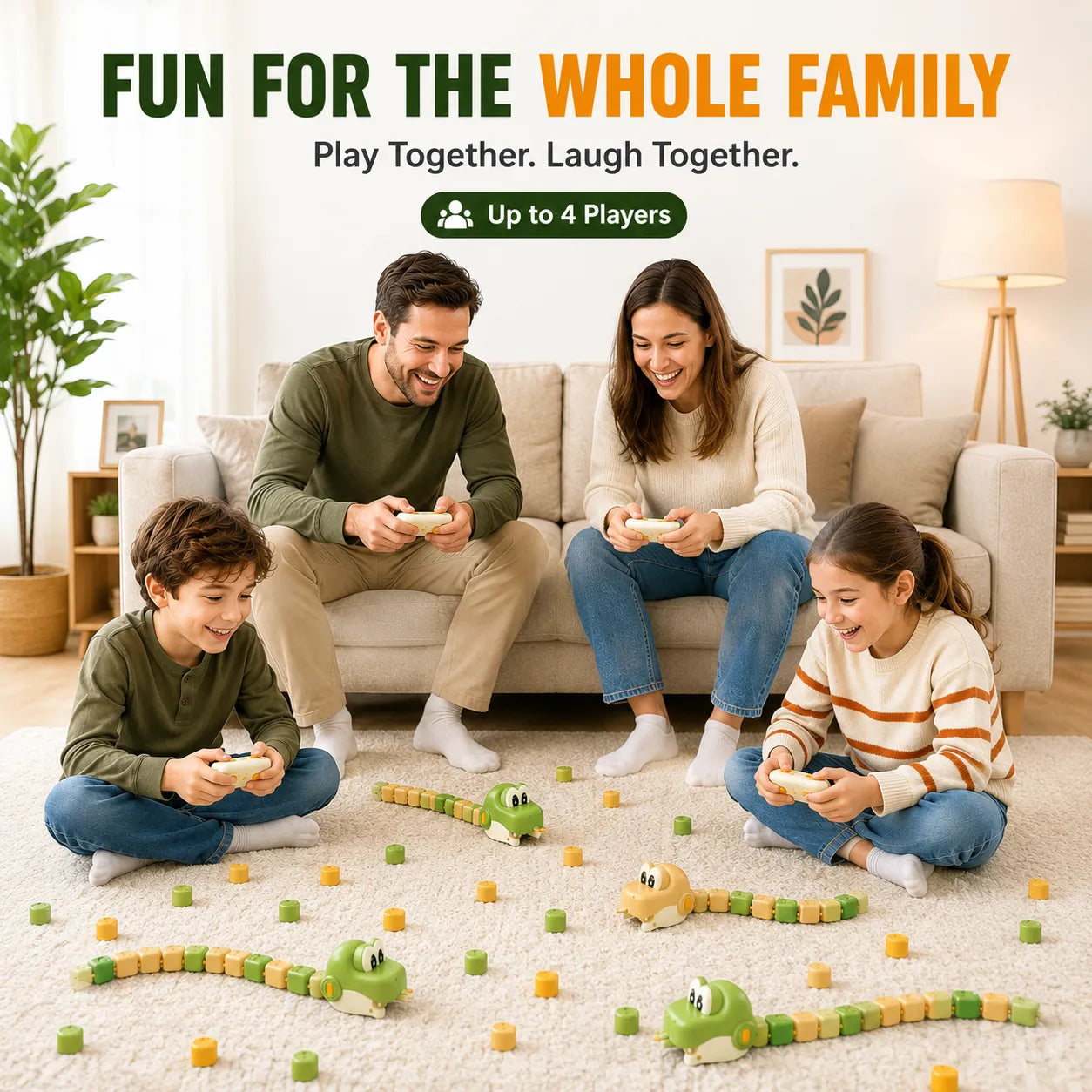 A family of four playing a board game with caterpillar toy snakes on a white carpet in a bright living room. The scene includes the text 'FUN FOR THE WHOLE FAMILY' and 'Play Together.