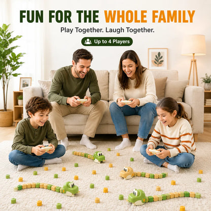 A family of four playing a board game with caterpillar toy snakes on a white carpet in a bright living room. The scene includes the text 'FUN FOR THE WHOLE FAMILY' and 'Play Together.