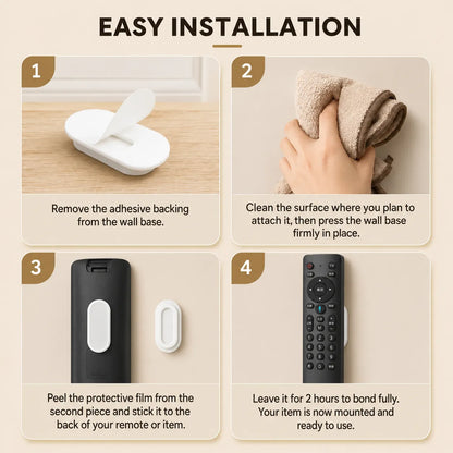 An instructional graphic titled 'EASY INSTALLATION' with four numbered panels showing how to mount a wall base and attach it to a remote control. Step 1 shows the white wall base with adhesive backing removed, step 2 shows a hand cleaning the surface, step 3 shows the black remote and white wall base pieces, and step 4 shows the remote mounted on the wall.