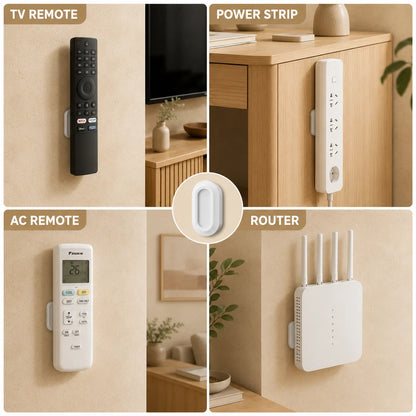 A 2x2 collage showing wall-mounted smart home controllers: a black TV remote, a white power strip, an AC remote, and a white router, each mounted on a beige wall in a home setting. A central circular inset shows a slim white oval adapter.