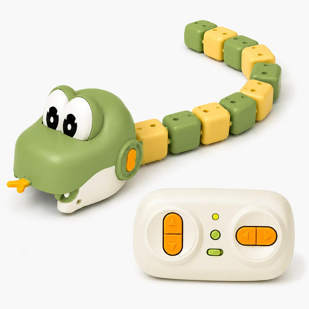 A green and yellow snake toy with a white remote control, shown on a clean white background.