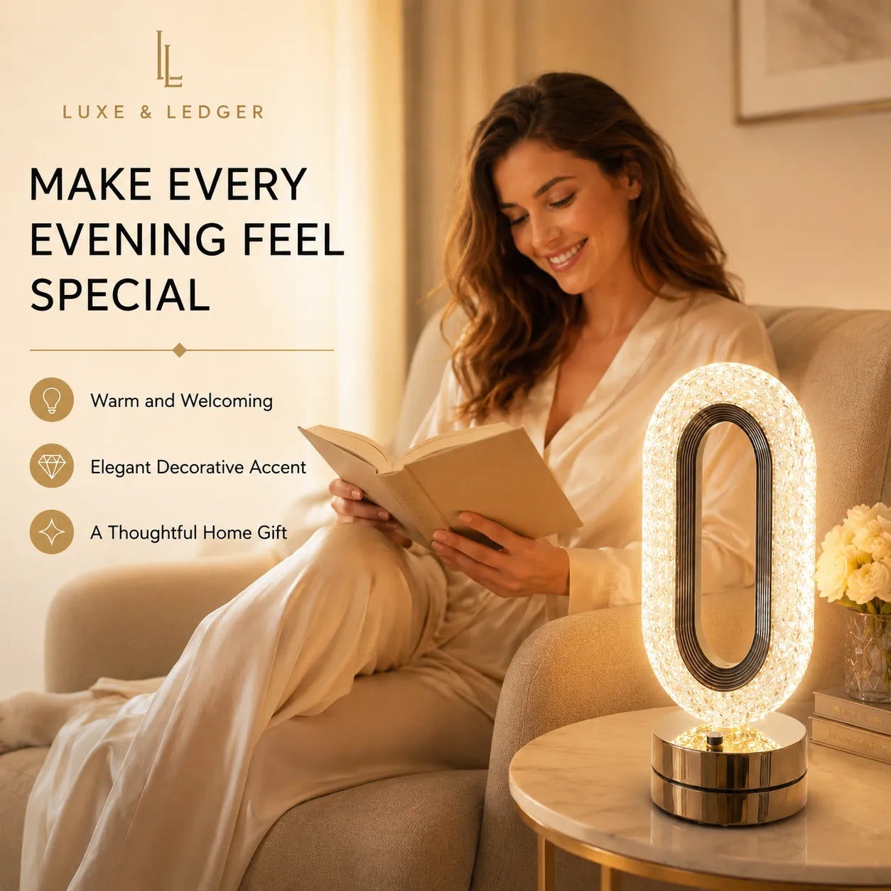 A woman in a white robe sits on a beige armchair reading a book in a warmly lit living room, next to a glowing decorative lamp with a large oval frame and a small round metallic base. Text on the left reads 'LUXE & LEDGER' and 'MAKE EVERY EVENING FEEL SPECIAL' with feature callouts.