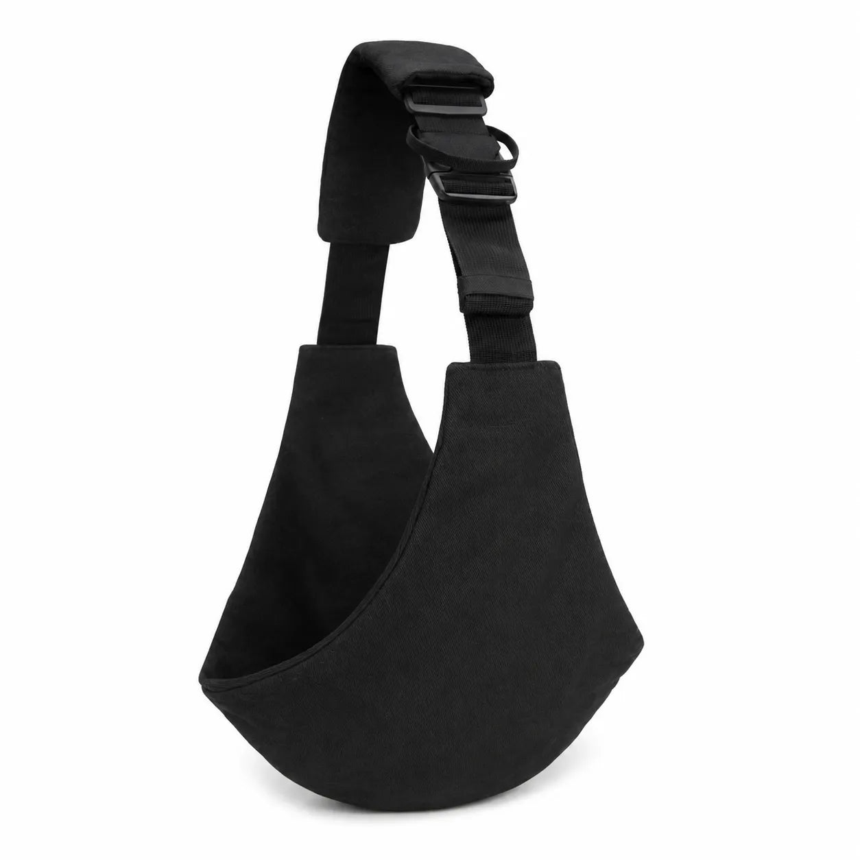 A black shoulder sling bag with an adjustable padded strap and buckle, shown from a three-quarters angle on a white background.