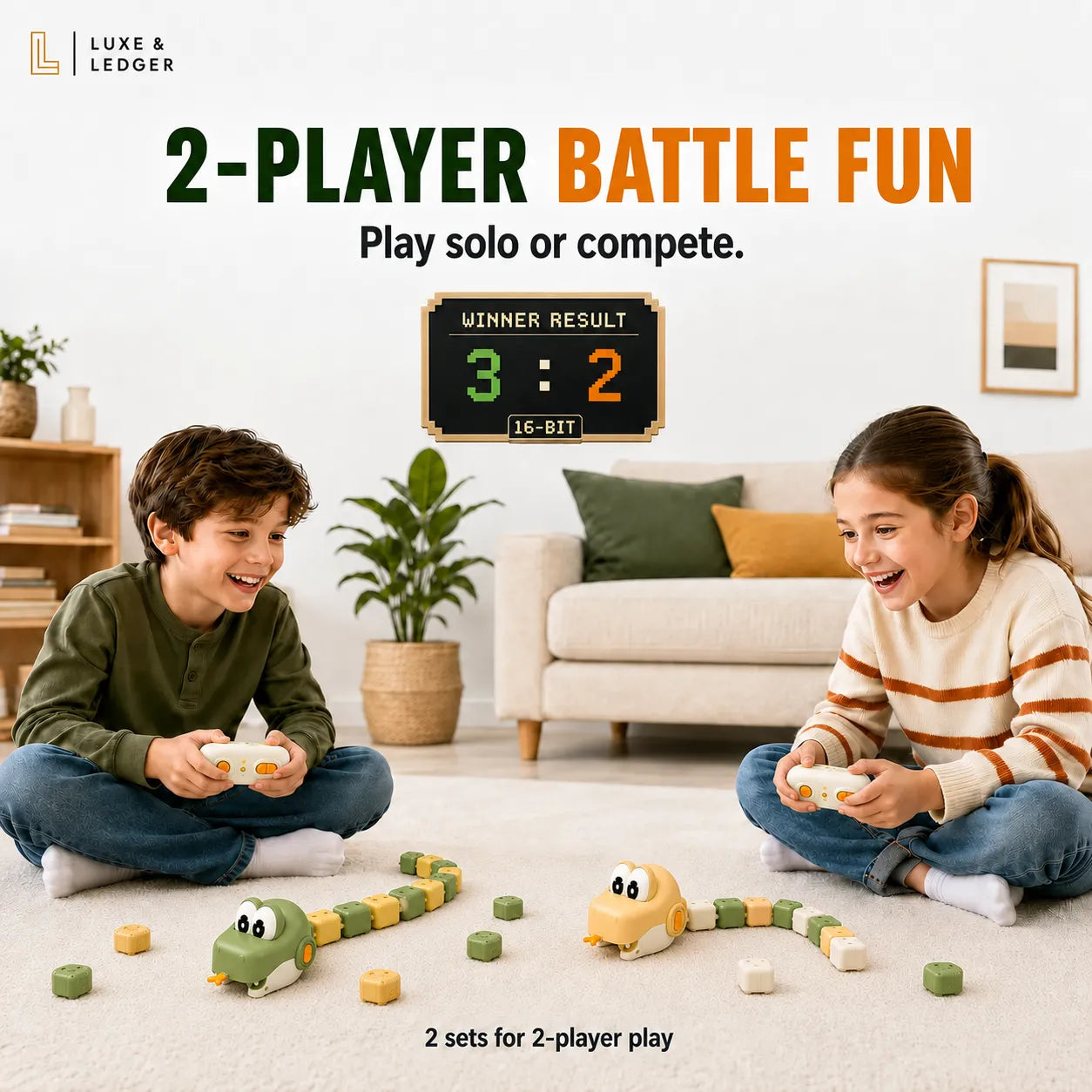 Two children sitting on the floor in a living room, playing with a toy game that features colorful snake-like tracks and small blocks. The image includes promotional text for a 2-player battle game by Luxe & Ledger.