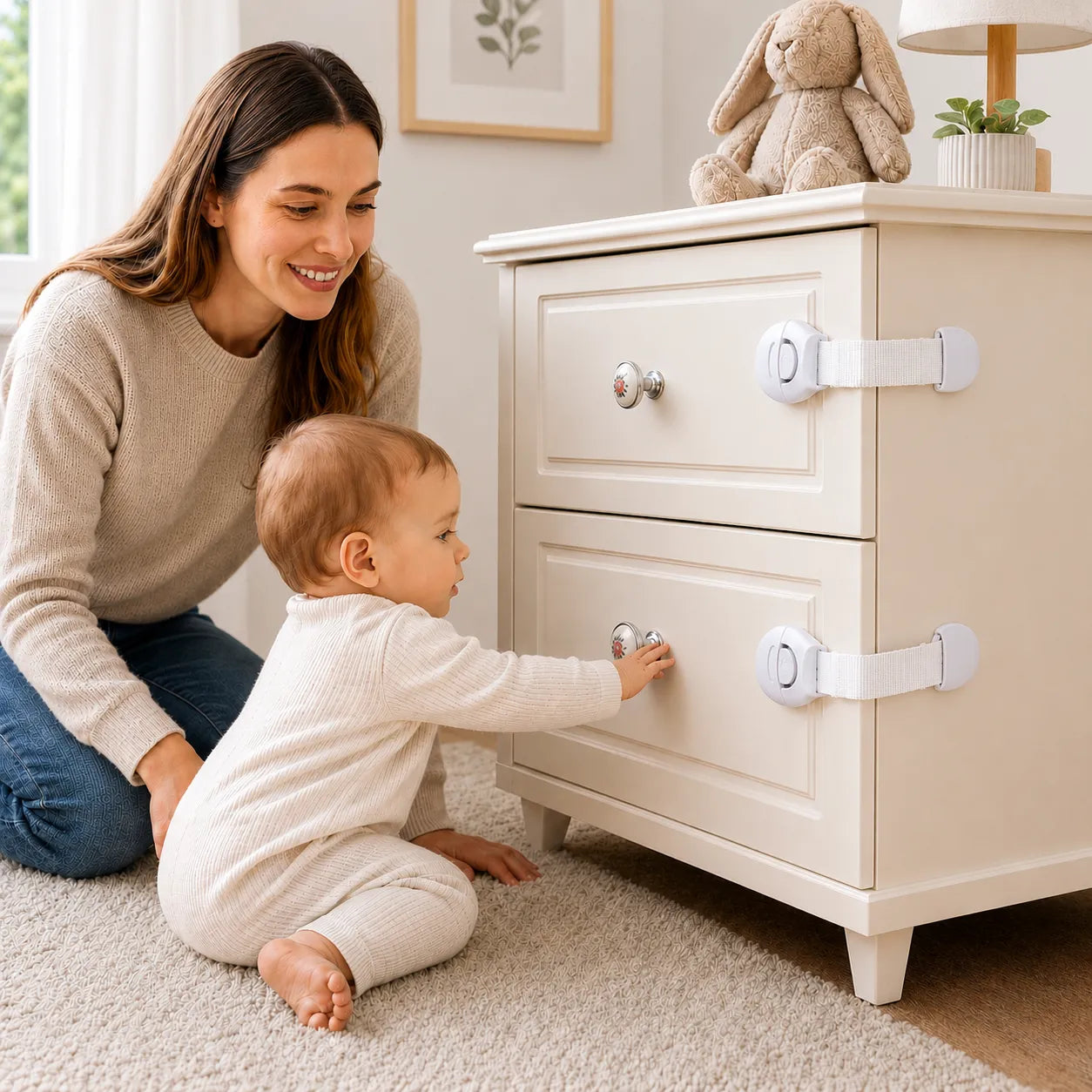 A woman and a baby sit on a carpeted floor next to a cream-colored two-drawer nightstand. White safety lock straps are attached to both drawers, and the baby is reaching for the drawer knob.