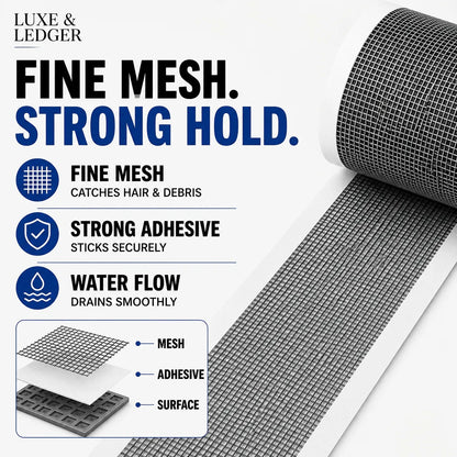 Luxe & Ledger fine mesh hair removal strip shown partially unrolled, with text callouts about fine mesh, strong adhesive, and water flow on a white background.