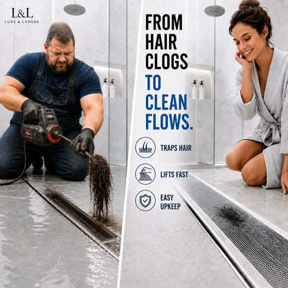 Promotional split-screen graphic for a drain cleaning service. The left side shows a man kneeling in a bathroom, using a cordless drill to remove a dark hair clog from a floor drain.