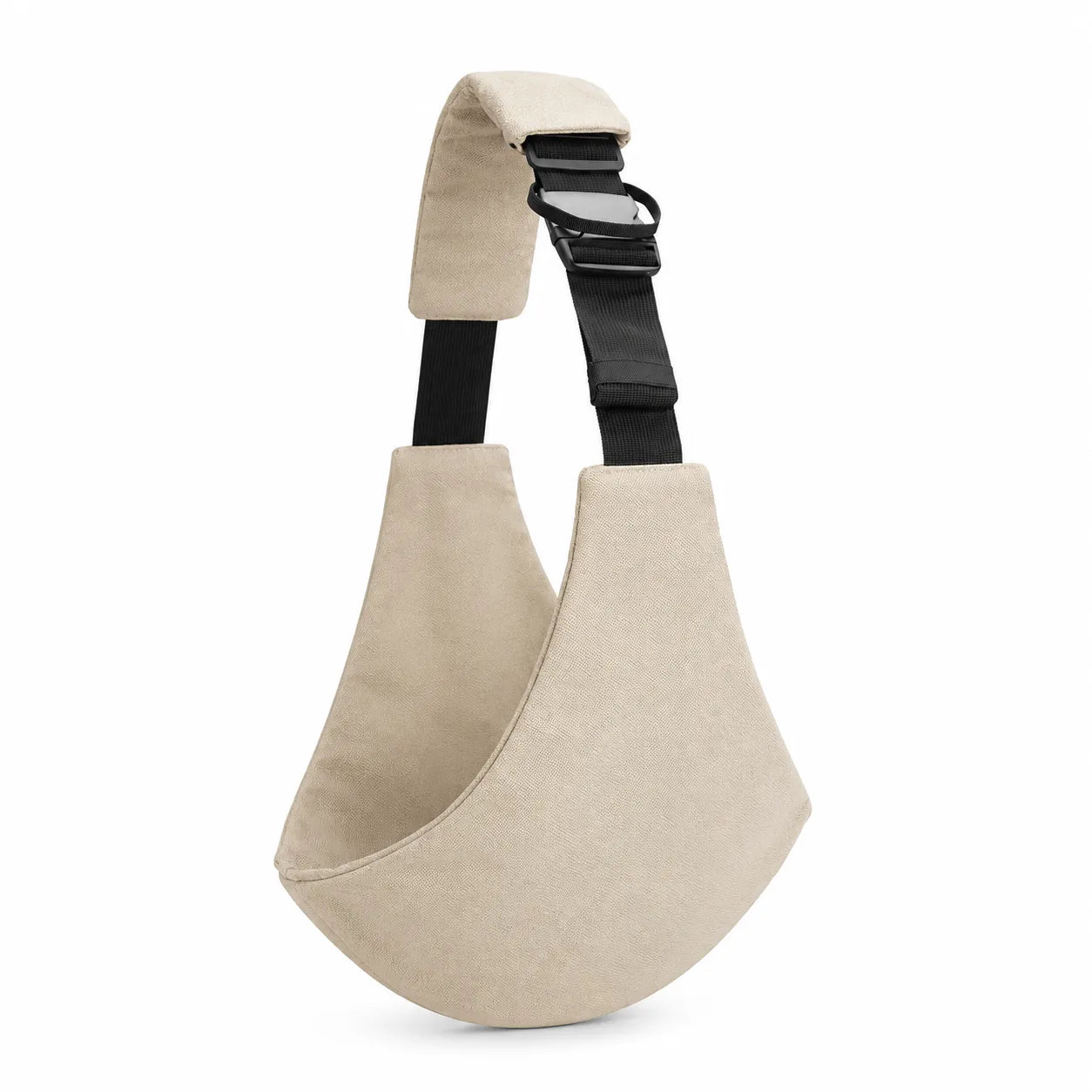 A beige crescent-shaped baby support belt or hip seat with a black adjustable strap and buckle, shown on a plain white background.