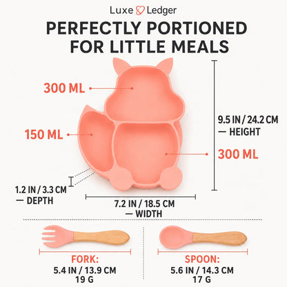 A product infographic for a Luxe Ledger portioned baby plate. The image features a pink hippo-shaped plate with three compartments, labeled with measurements of 300 ML, 150 ML, 7.