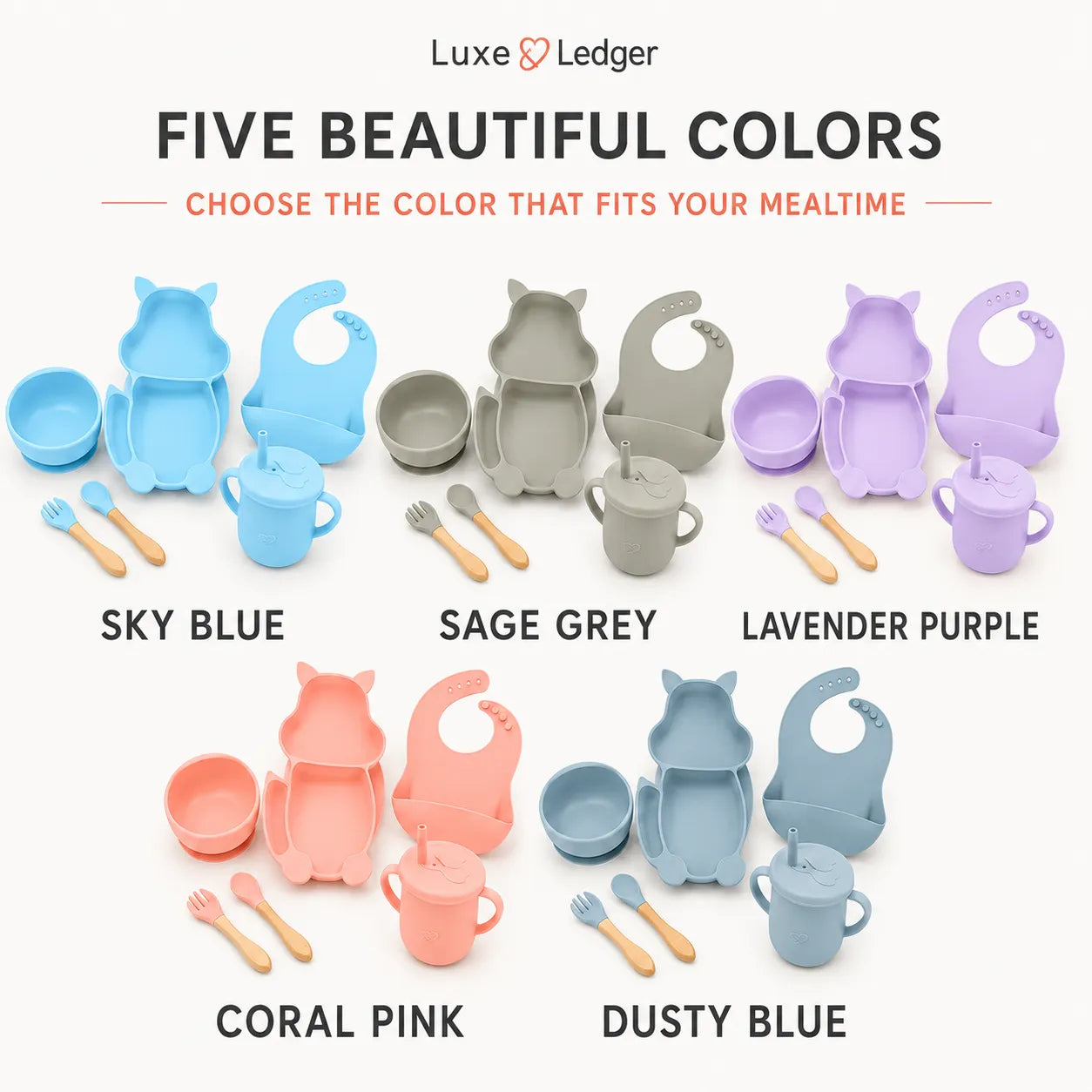 A product color selection graphic for a Luxe Ledger silicone baby feeding set, showing five different colorways: Sky Blue, Sage Grey, Lavender Purple, Coral Pink, and Dusty Blue. Each set includes a cat-shaped bib, bowl, cup, spoon, and small utensils, with the color name printed below.