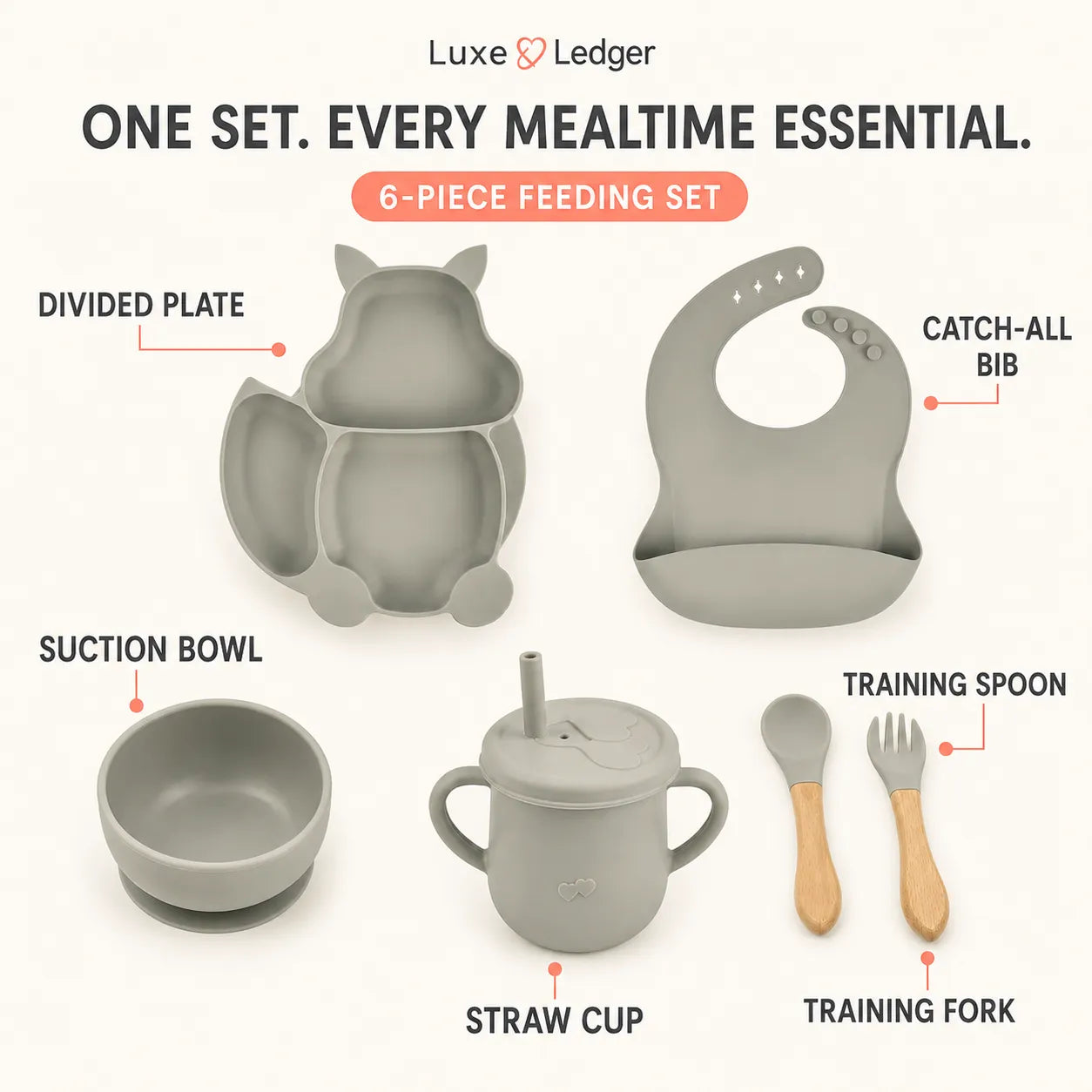 A 6-piece baby feeding set by Luxe Ledger on a light cream background, featuring a gray silicone owl-shaped divided plate, a catch-all bib, a suction bowl, a straw cup with a handle, and training utensils (spoon and fork) with wooden handles. Each item is labeled with text pointing to its function.