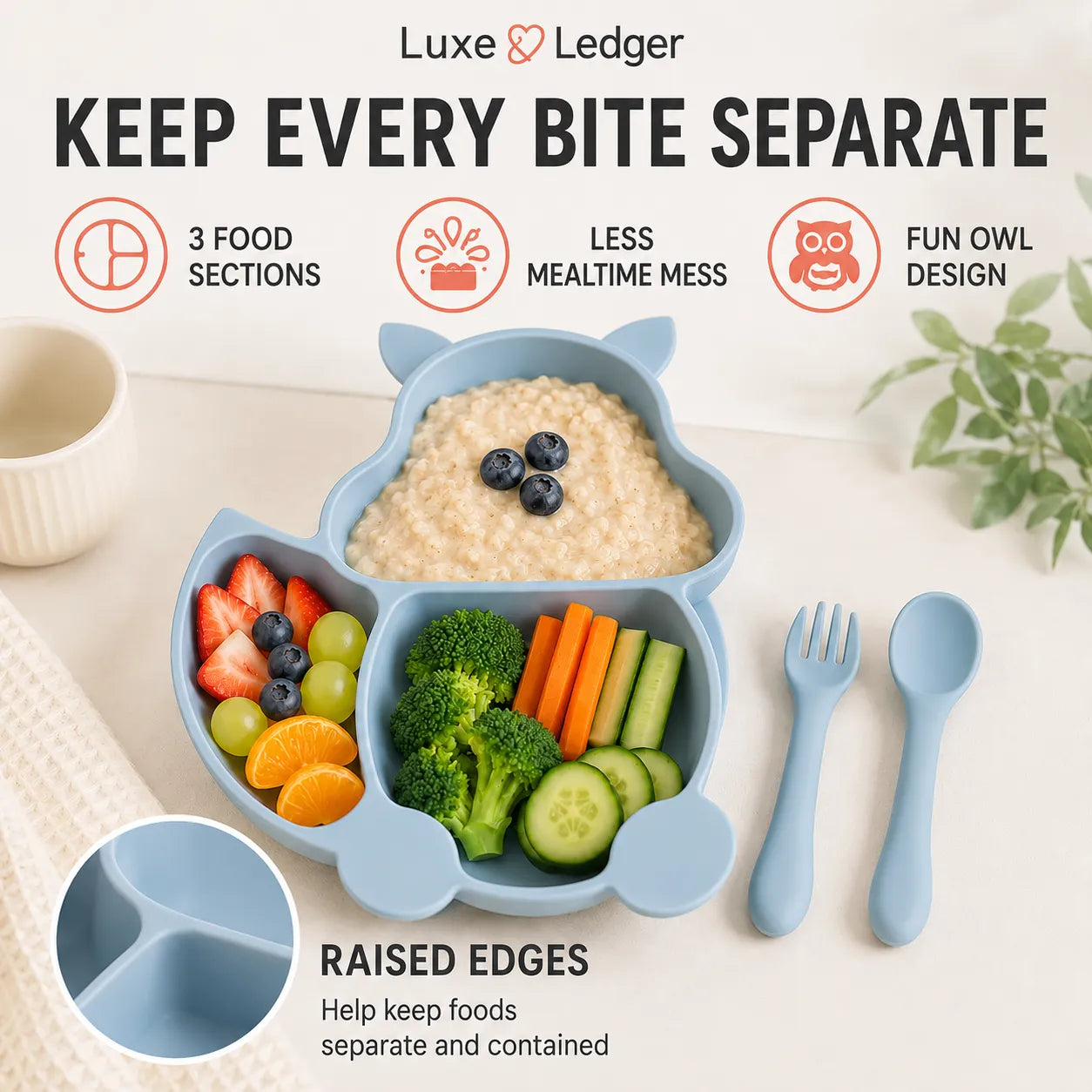 A light blue owl-shaped baby feeding tray set on a light beige tabletop, filled with oatmeal, fruit, broccoli, carrots, and cucumber sticks, alongside matching blue utensils. Text at the top reads 'Luxe Ledger' and 'KEEP EVERY BITE SEPARATE,' with feature icons and a close-up inset showing raised edges.