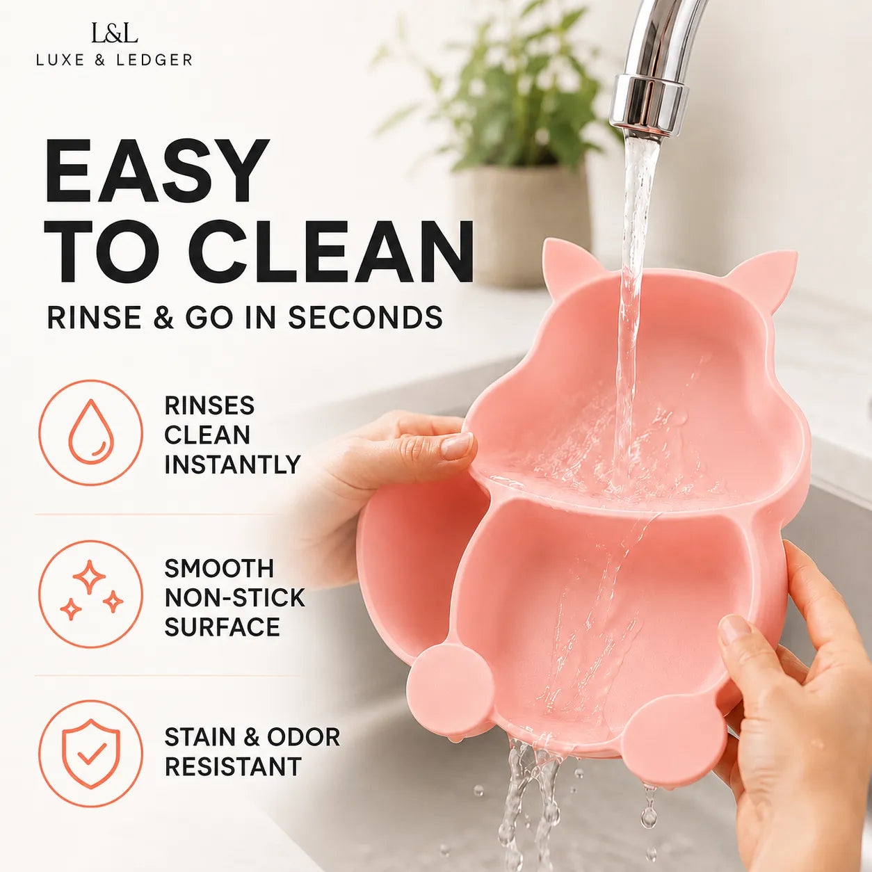 A pink pig-shaped dual-compartment dish rack being held under a running faucet in a sink, with text on the left reading 'EASY TO CLEAN' and feature icons for rinsing, non-stick surface, and stain/odor resistance. Brand name L&L Luxe & Ledger is visible in the top left.