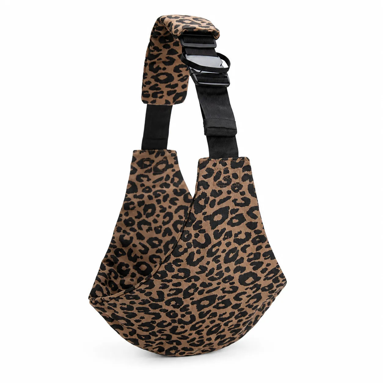 A leopard print shoulder bag with a wide adjustable strap and black plastic buckle, shown on a plain white background.