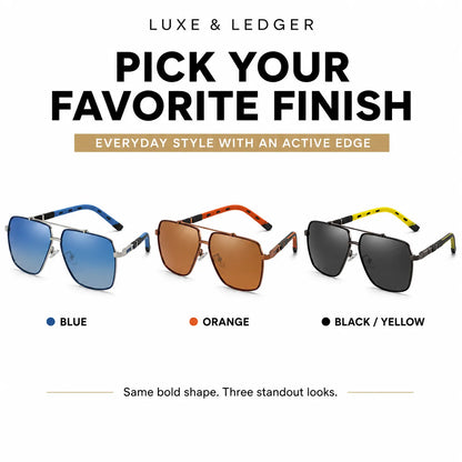 Luxe & Ledger aviator-style sunglasses shown in three color options: blue lenses, orange-brown lenses, and black/gold lenses, with text reading 'PICK YOUR FAVORITE FINISH' on a white background.