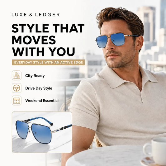 A man wearing blue-tinted aviator sunglasses with a silver frame and blue patterned temples, seated outdoors on a balcony. The image includes promotional text reading 'LUXE & LEDGER' and 'STYLE THAT MOVES WITH YOU,' plus a smaller inset product view of the sunglasses.