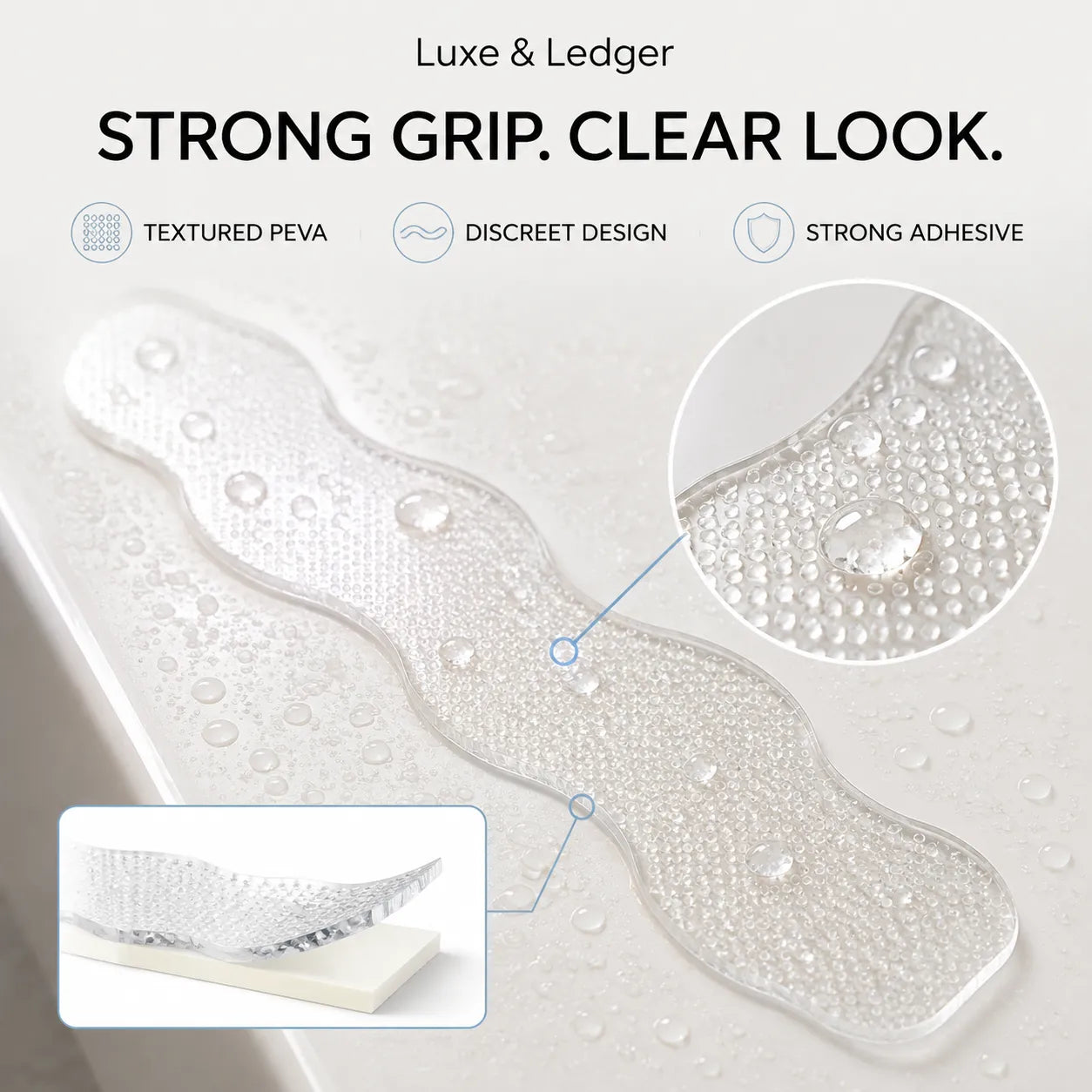 A clear textured adhesive pad shown on a white surface with water droplets, alongside feature callouts reading 'Textured PEA,' 'Discrete Design,' and 'Strong Adhesive,' plus a circular close-up inset and a small demonstration inset.