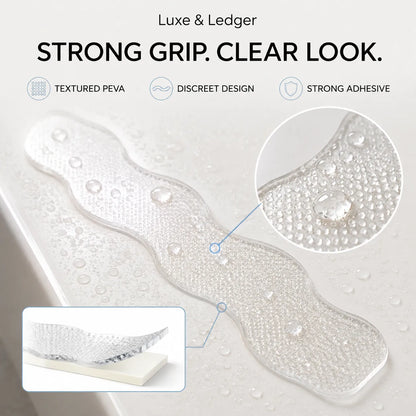 A clear textured adhesive pad shown on a white surface with water droplets, alongside feature callouts reading 'Textured PEA,' 'Discrete Design,' and 'Strong Adhesive,' plus a circular close-up inset and a small demonstration inset.