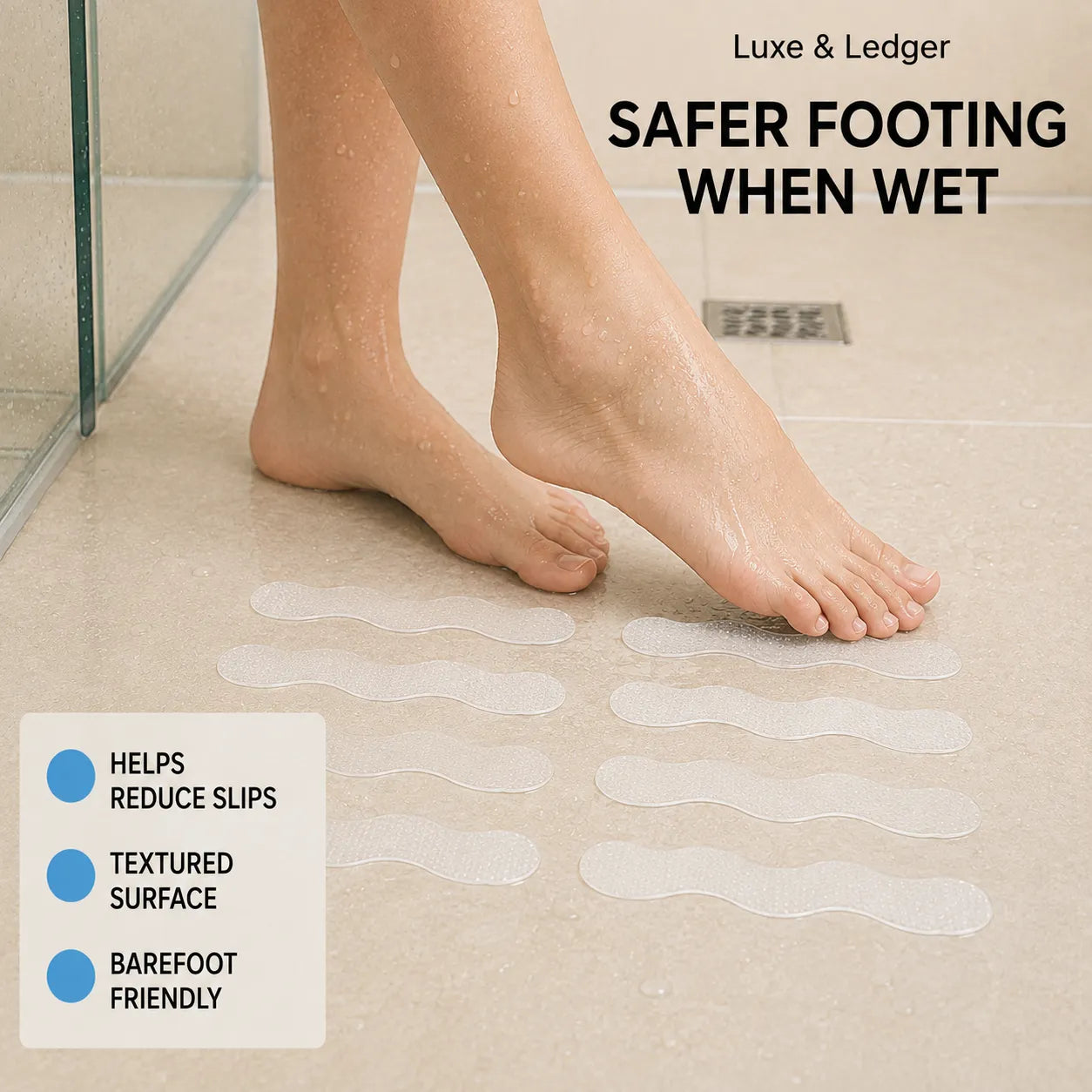 A person's bare feet stepping on translucent wavy anti-slip pads on a beige tiled bathroom floor, with text reading 'Luxe & Ledger' and 'SAFER FOOTING WHEN WET' plus feature callouts about helping reduce slips, textured surface, and being barefoot friendly.