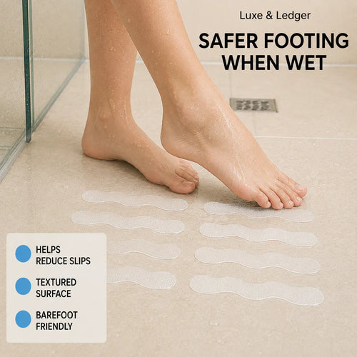 A person's bare feet stepping on translucent wavy anti-slip pads on a beige tiled bathroom floor, with text reading 'Luxe & Ledger' and 'SAFER FOOTING WHEN WET' plus feature callouts about helping reduce slips, textured surface, and being barefoot friendly.