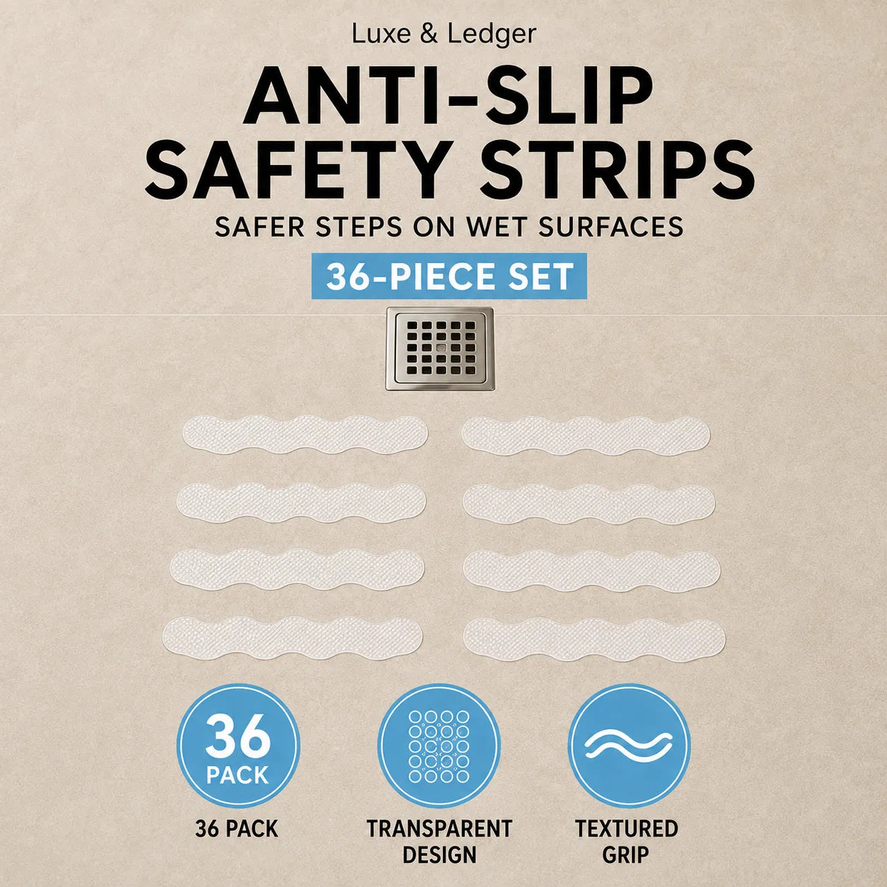 Promotional graphic for a 36-piece set of Luxe & Ledger anti-slip safety strips. The image features a textured beige background with black and blue text, a small illustration of a square drain, and four rows of white semi-transparent wavy strips representing the product.