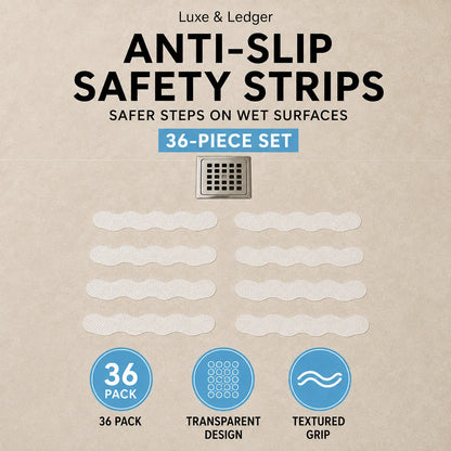 Promotional graphic for a 36-piece set of Luxe & Ledger anti-slip safety strips. The image features a textured beige background with black and blue text, a small illustration of a square drain, and four rows of white semi-transparent wavy strips representing the product.