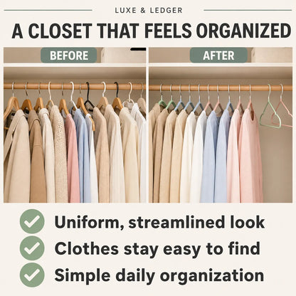 A promotional graphic for a closet organization system by Luxe & Ledger, showing a before-and-after comparison of a closet with clothes hanging on hangers. The 'after' side shows a cleaner, more uniform arrangement with a minimalist color-blocked hanger system.