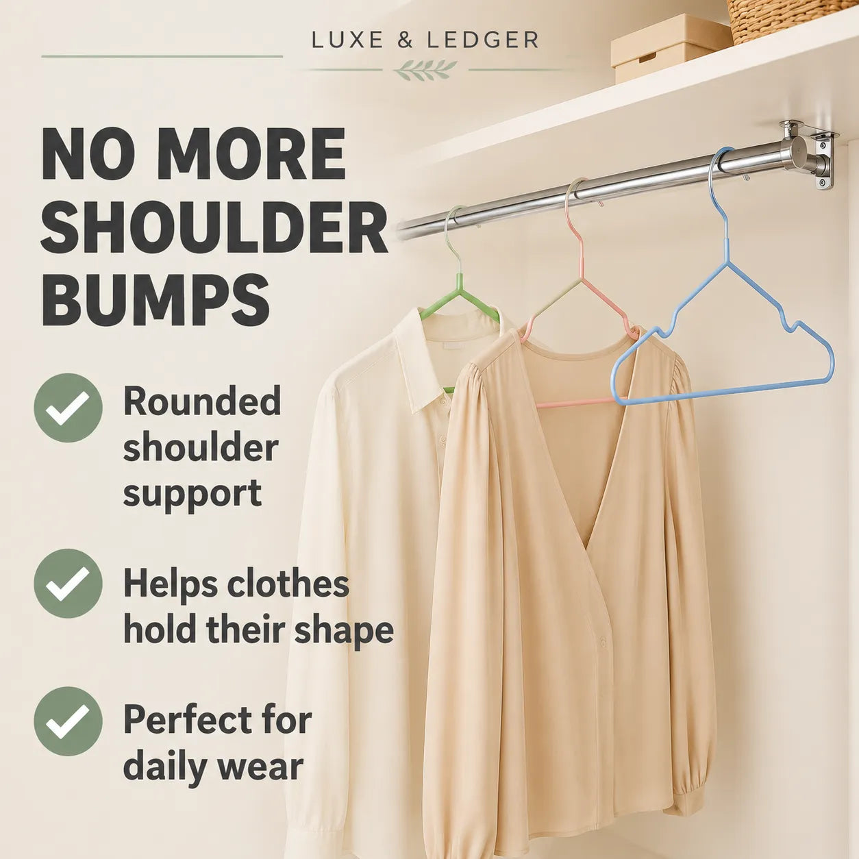 Three colored hangers hang on a metal rod inside a closet, with beige and cream garments draped over them. Large text reads 'NO MORE SHOULDER BUMPS' with bullet points about rounded shoulder support, helping clothes hold shape, and being suitable for daily wear.