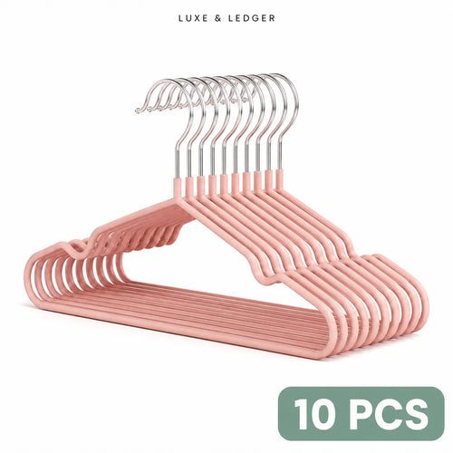 A set of 10 pink double-strap hangers with silver metal hooks, shown on a clean white background with 'LUXE & LEDGER' branding at the top and a '10 PCS' badge at the bottom right.