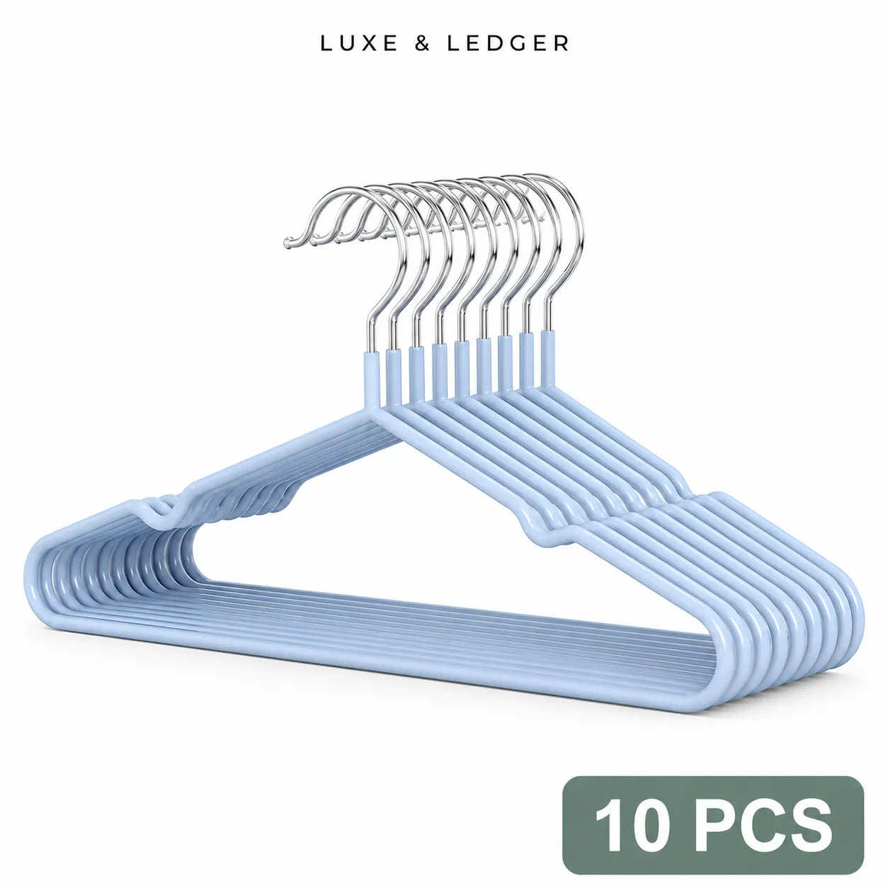 Ten light blue plastic hangers with silver metal hooks, stacked and displayed on a clean white background. The brand name 'LUXE & LEDGER' is printed at the top, and a green badge at the bottom right reads '10 PCS'.