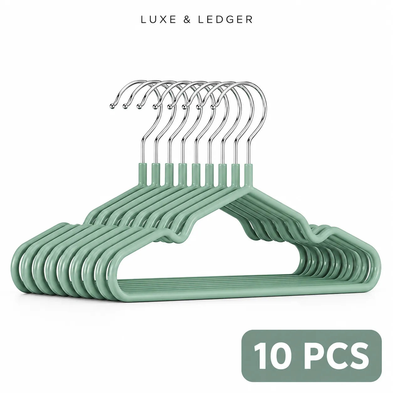 Ten mint green metal hangers with silver hooks, arranged in a fan shape on a white background, with 'LUXE & LEDGER' text at the top and a '10 PCS' badge at the bottom right.